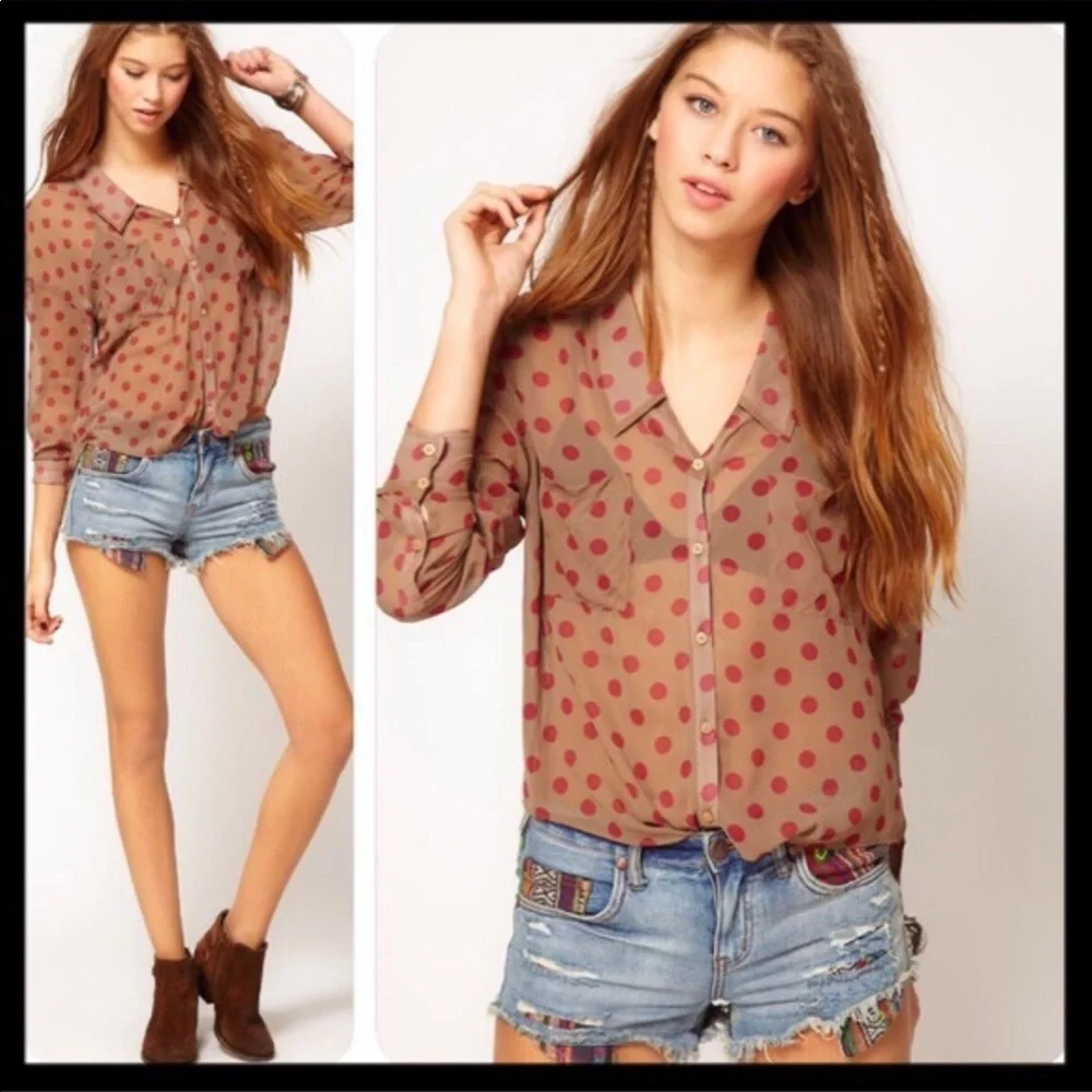 Free People Brown Polka Dot Button-Up Blouse with Red Dots